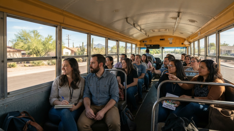 On a yellow school bus, new teachers meet Flowing Wells