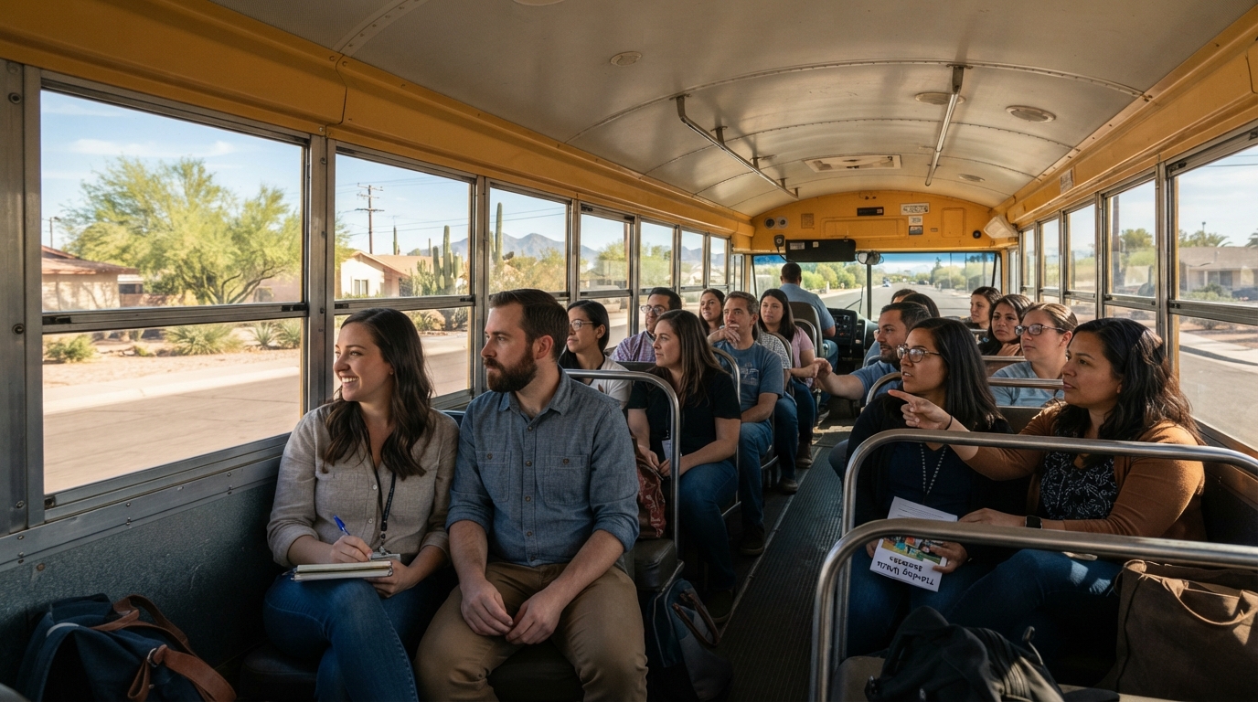 On a yellow school bus, new teachers meet Flowing Wells