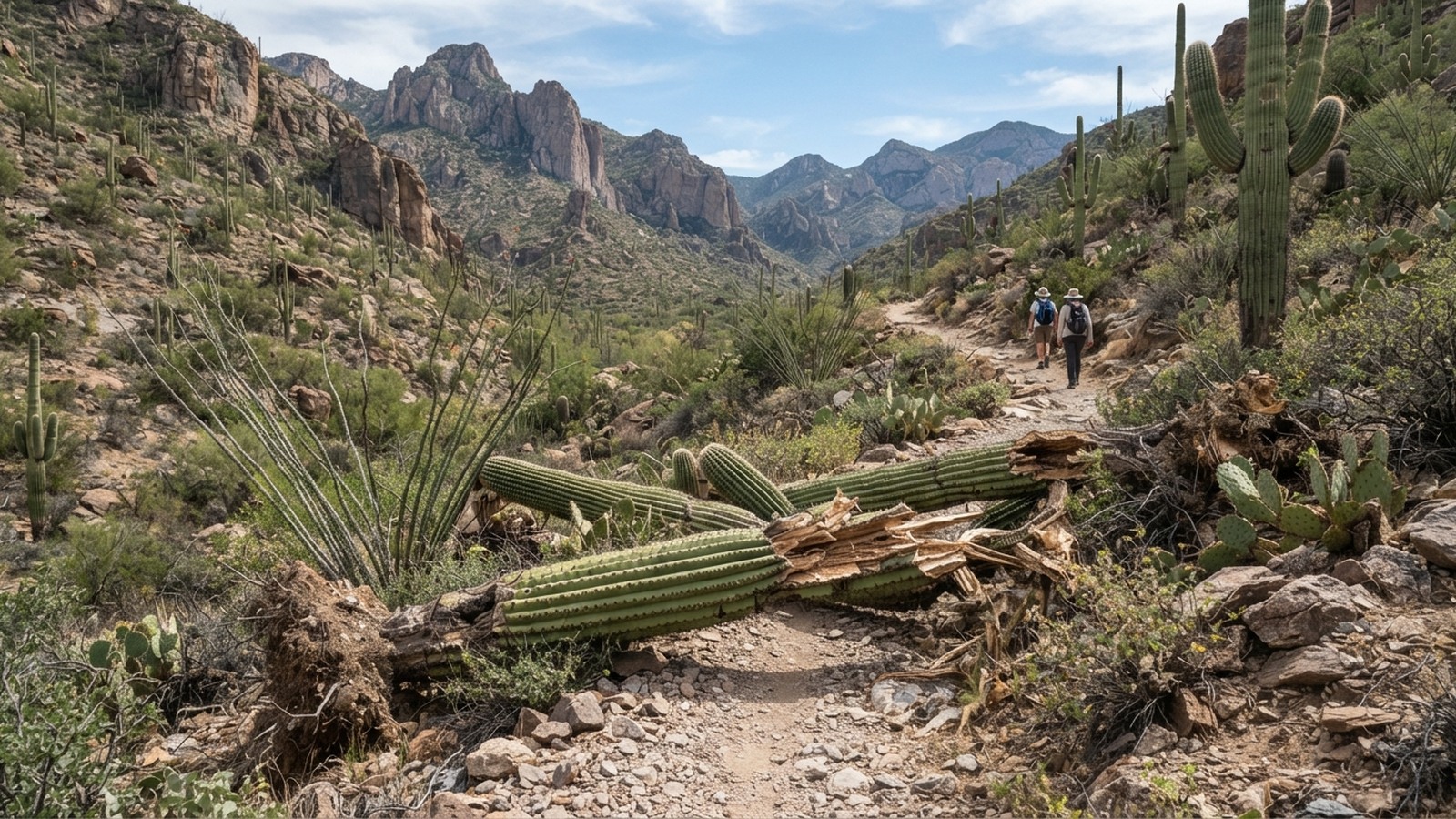 Toppled saguaros found near Phoneline Trail in Sabino Canyon — AI-generated illustration